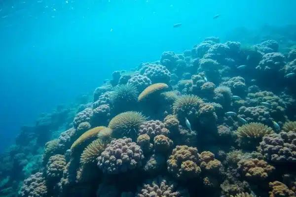 Scène sous-marine avec coraux et vie marine colorée.