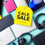 Appareils high-tech en soldes avec étiquettes de prix.