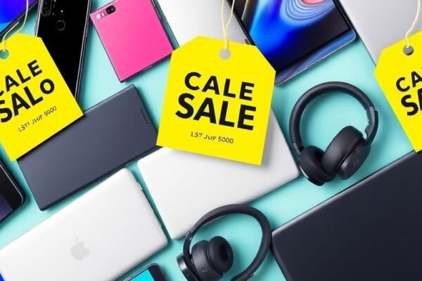 Appareils high-tech en soldes avec étiquettes de prix.
