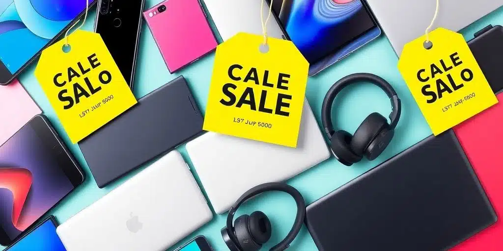 Appareils high-tech en soldes avec étiquettes de prix.