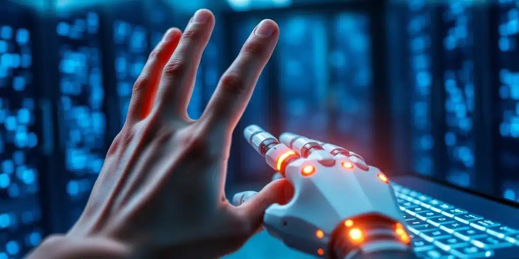 Robot Devstral programmant un ordinateur.