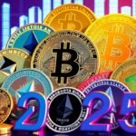 Différentes pièces de cryptomonnaies sur un fond numérique.