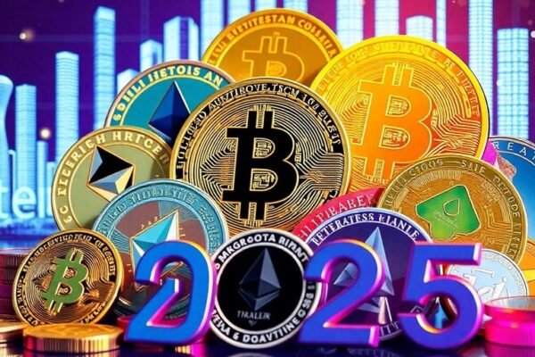 Différentes pièces de cryptomonnaies sur un fond numérique.