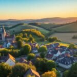 Paysage pittoresque de la Lorraine avec villages et châteaux.