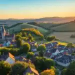 Paysage pittoresque de la Lorraine avec villages et châteaux.