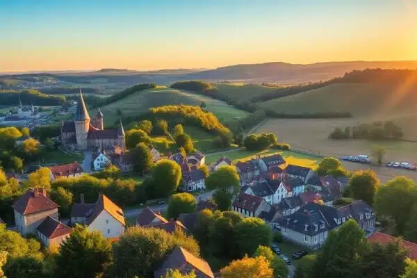 Paysage pittoresque de la Lorraine avec villages et châteaux.