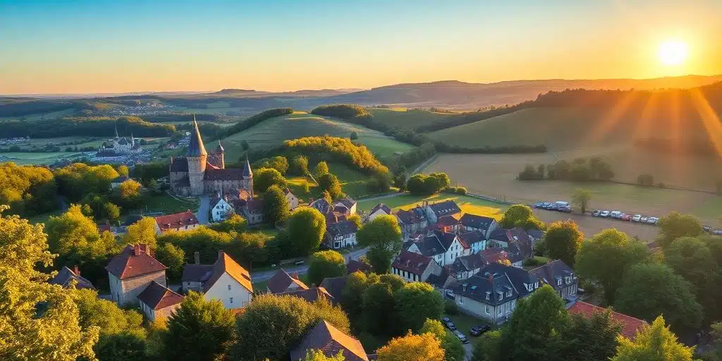 Paysage pittoresque de la Lorraine avec villages et châteaux.