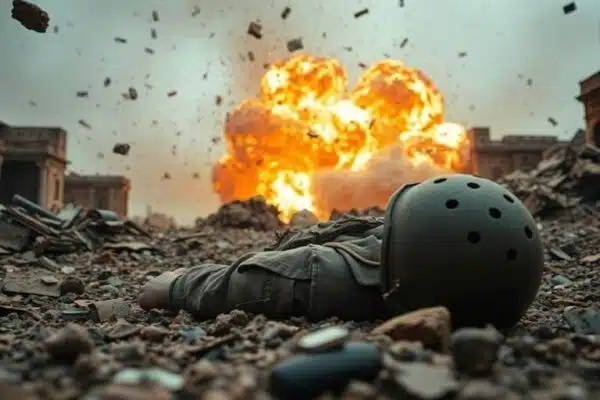 Scène de guerre intense, explosion, soldat au sol