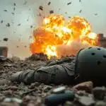 Scène de guerre intense, explosion, soldat au sol