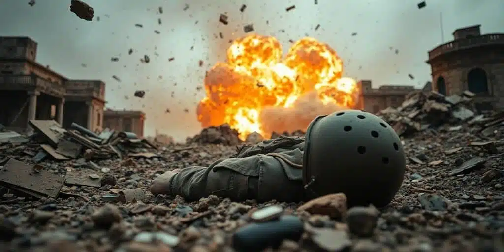 Scène de guerre intense, explosion, soldat au sol