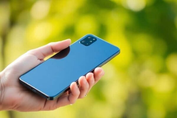 Téléphone Fairphone 6 en main avec fond vert.