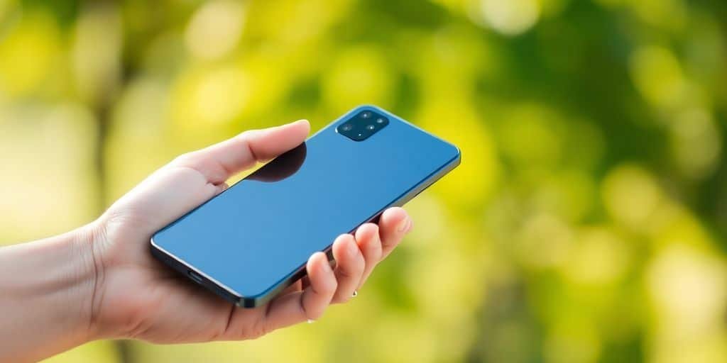Téléphone Fairphone 6 en main avec fond vert.