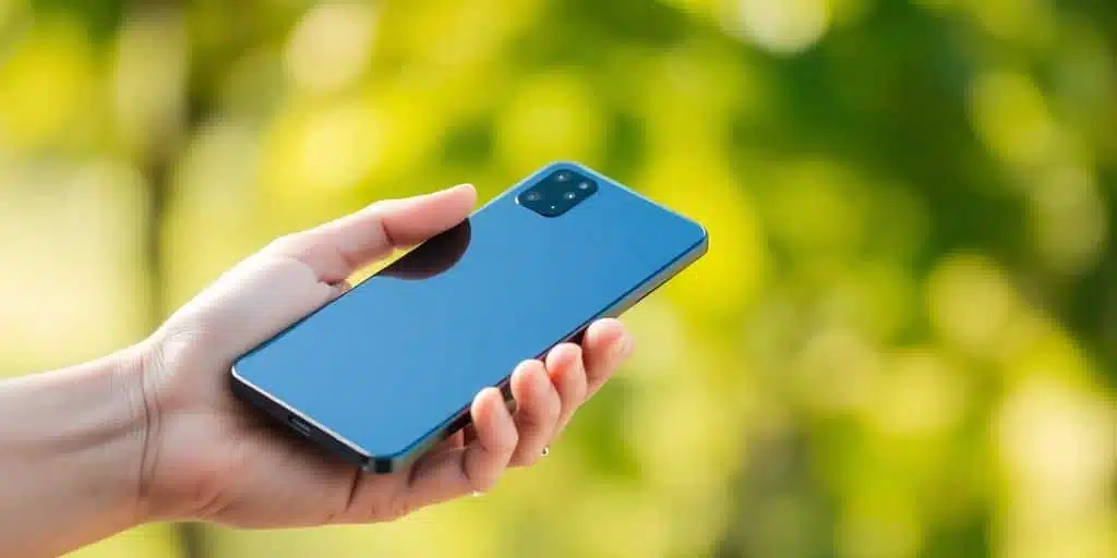 Téléphone Fairphone 6 en main avec fond vert.