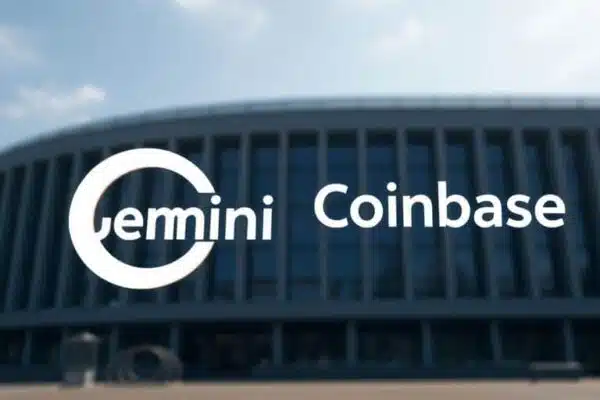 Bâtiments européens, logo Gemini et Coinbase