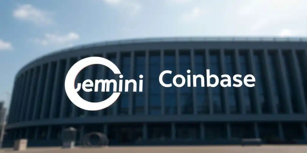 Bâtiments européens, logo Gemini et Coinbase