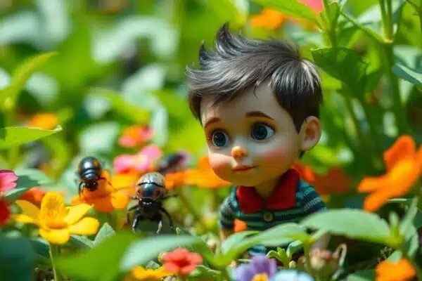 Un ado réduit explorant un jardin avec de gros insectes.