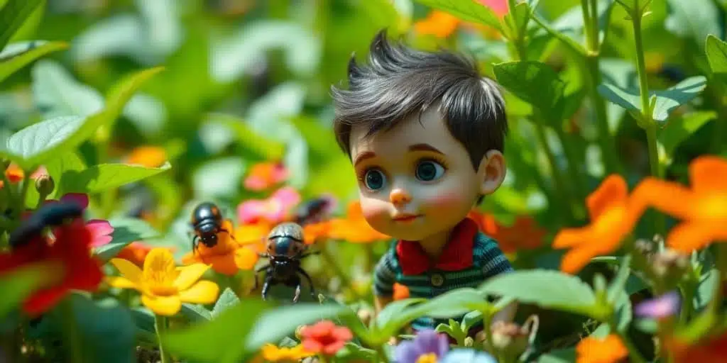 Un ado réduit explorant un jardin avec de gros insectes.