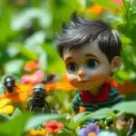Un ado réduit explorant un jardin avec de gros insectes.
