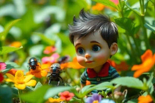 Un ado réduit explorant un jardin avec de gros insectes.