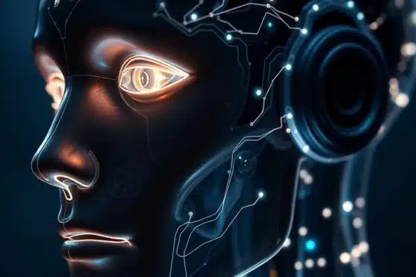 Robot futuriste pensant, nuage de mots IA