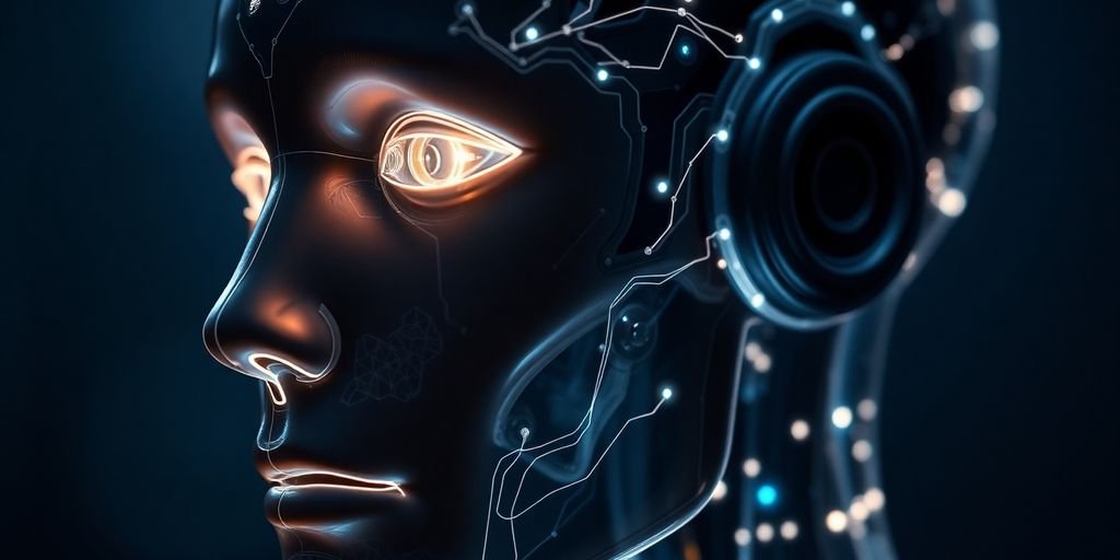 Robot futuriste pensant, nuage de mots IA