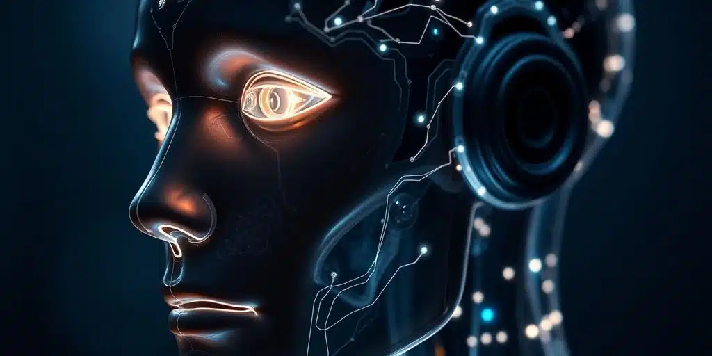 Robot futuriste pensant, nuage de mots IA