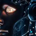 Robot futuriste pensant, nuage de mots IA