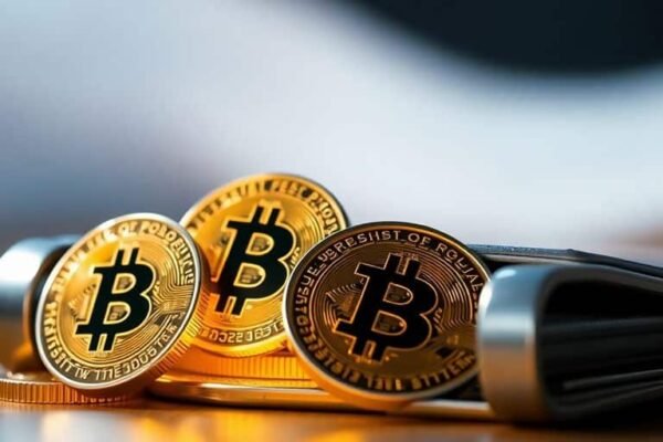 Quatre cryptos dorées dans un portefeuille futuriste