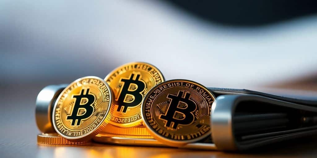 Quatre cryptos dorées dans un portefeuille futuriste