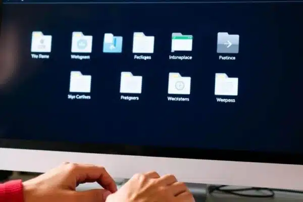 Dossiers organisés, écran d'ordinateur, mains tapant, espace libéré.
