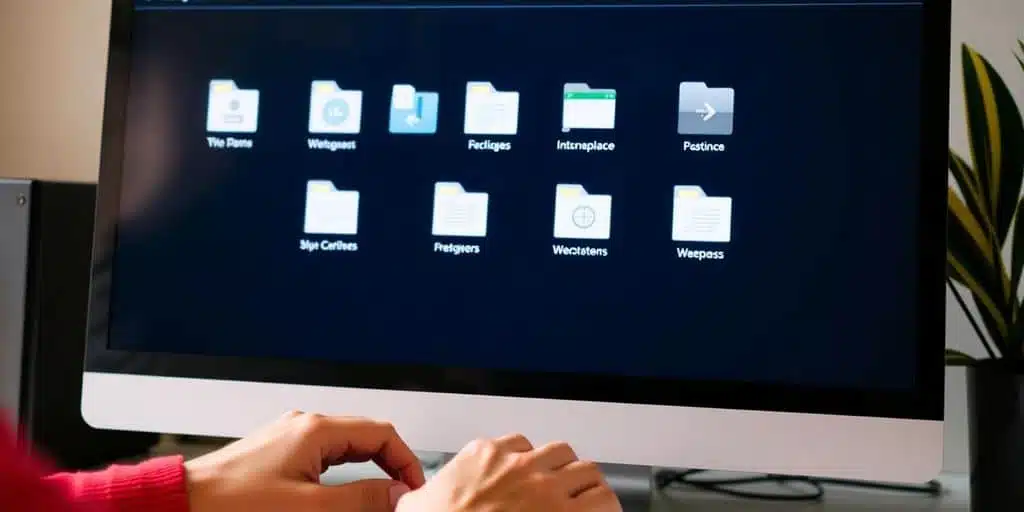 Dossiers organisés, écran d'ordinateur, mains tapant, espace libéré.