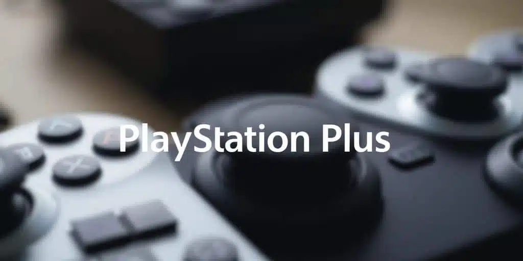 Logo PlayStation Plus sur fond flou.