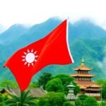 Drapeau taïwanais flottant, montagnes brumeuses, temple traditionnel.