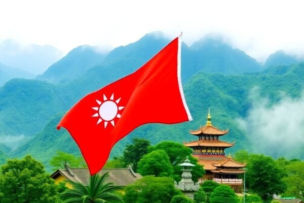 Drapeau taïwanais flottant, montagnes brumeuses, temple traditionnel.