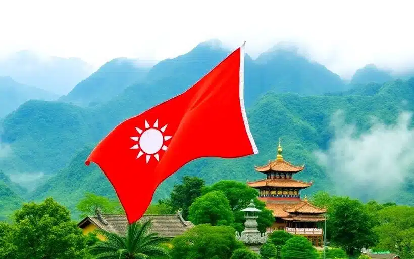 Drapeau taïwanais flottant, montagnes brumeuses, temple traditionnel.