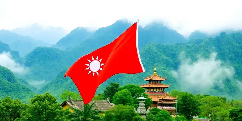 Drapeau taïwanais flottant, montagnes brumeuses, temple traditionnel.