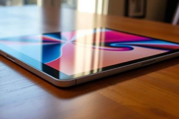 Nouvel iPad posé sur une table, écran allumé