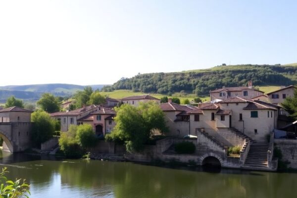 Pont médiéval sur rivière, maisons anciennes, nature verdoyante.