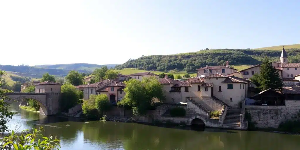 Pont médiéval sur rivière, maisons anciennes, nature verdoyante.