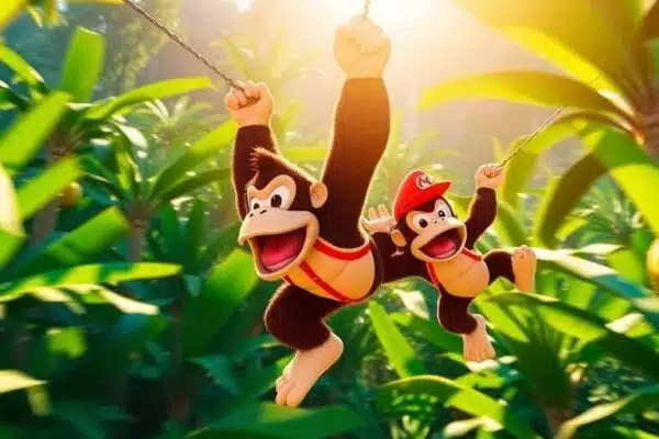Donkey Kong et Diddy Kong sautant dans la jungle luxuriante.