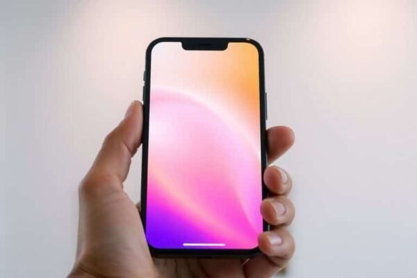 iPhone 13 dans une main, écran allumé