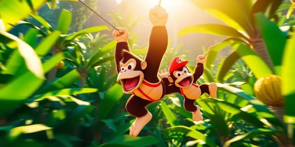 Donkey Kong et Diddy Kong sautant dans la jungle luxuriante.