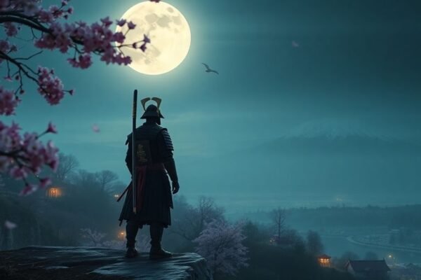 Samouraï dans un paysage japonais de nuit.