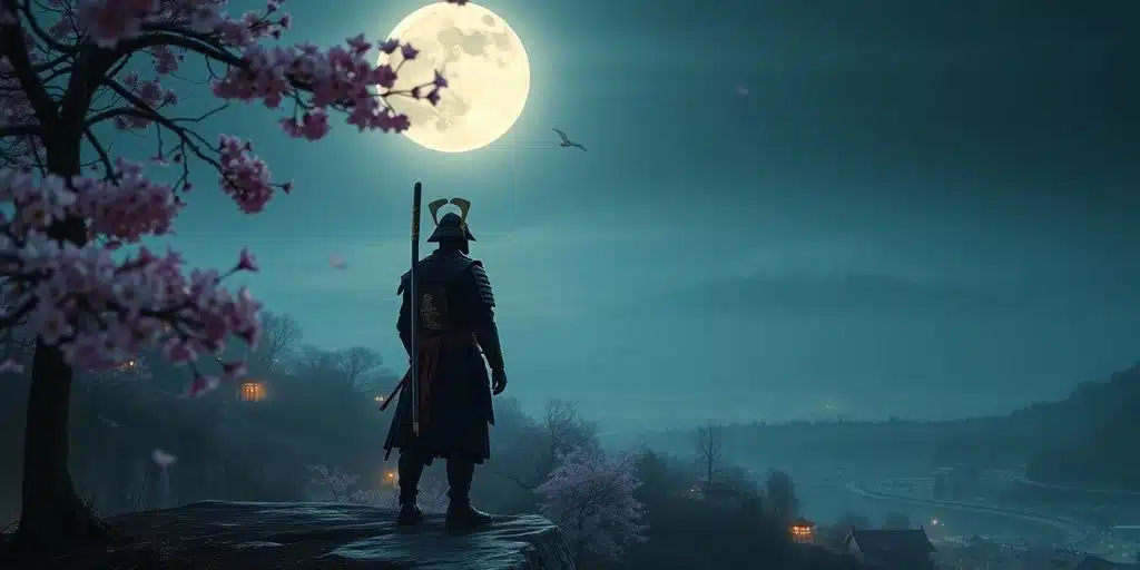 Samouraï dans un paysage japonais de nuit.