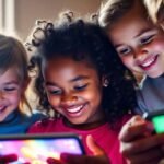 Un groupe d'enfants et d'adultes jouant joyeusement sur des appareils connectés.