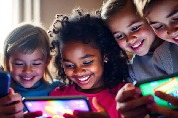 Un groupe d'enfants et d'adultes jouant joyeusement sur des appareils connectés.