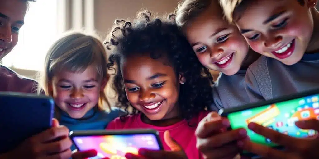 Un groupe d'enfants et d'adultes jouant joyeusement sur des appareils connectés.