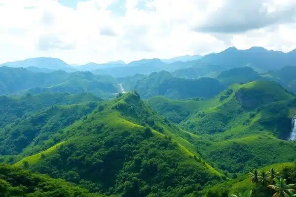Paysage verdoyant de montagne colombienne baigné de soleil.