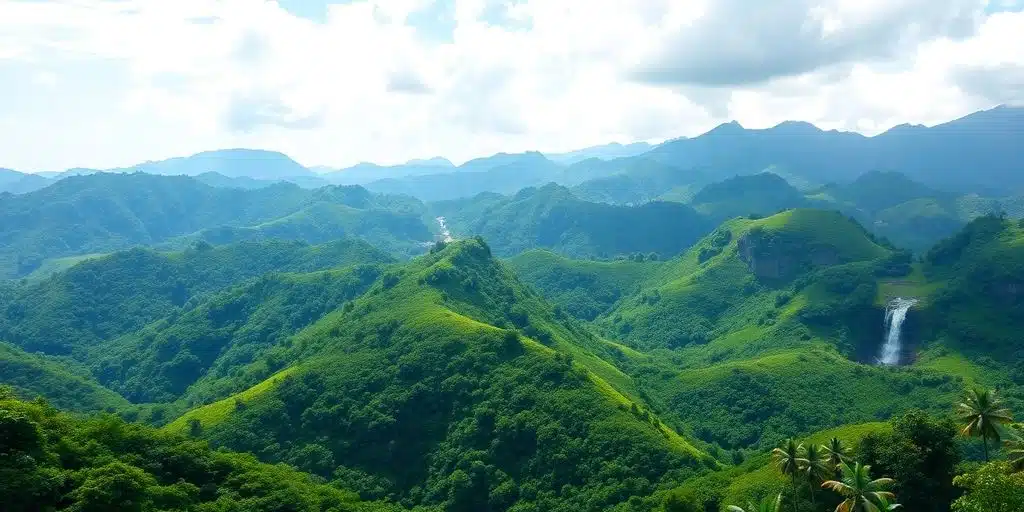 Paysage verdoyant de montagne colombienne baigné de soleil.