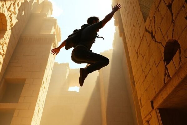 Nathan Drake sautant dans un temple ancien